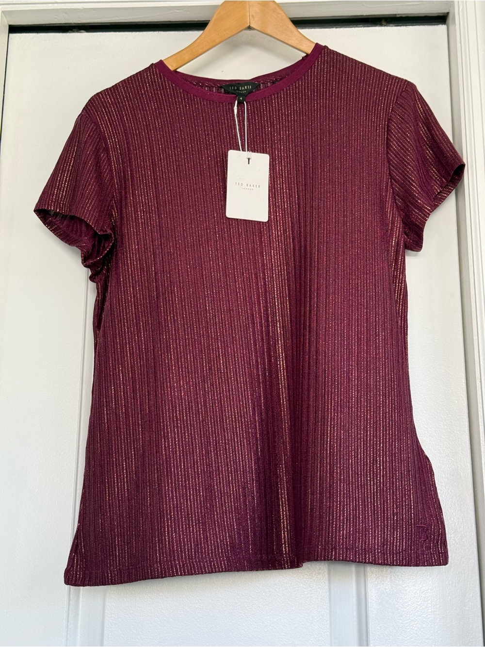 Ted Baker Metallic Ribbed Short Sleeve Top - Burgundy with Gold Lurex